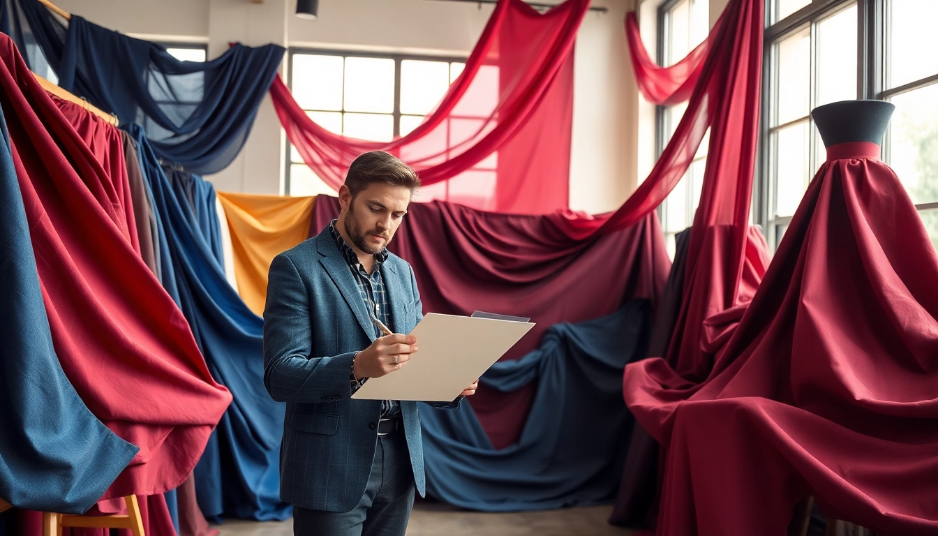 Punta di Roma stof getoond in een modeontwerpatelier met kleurrijke materialen.