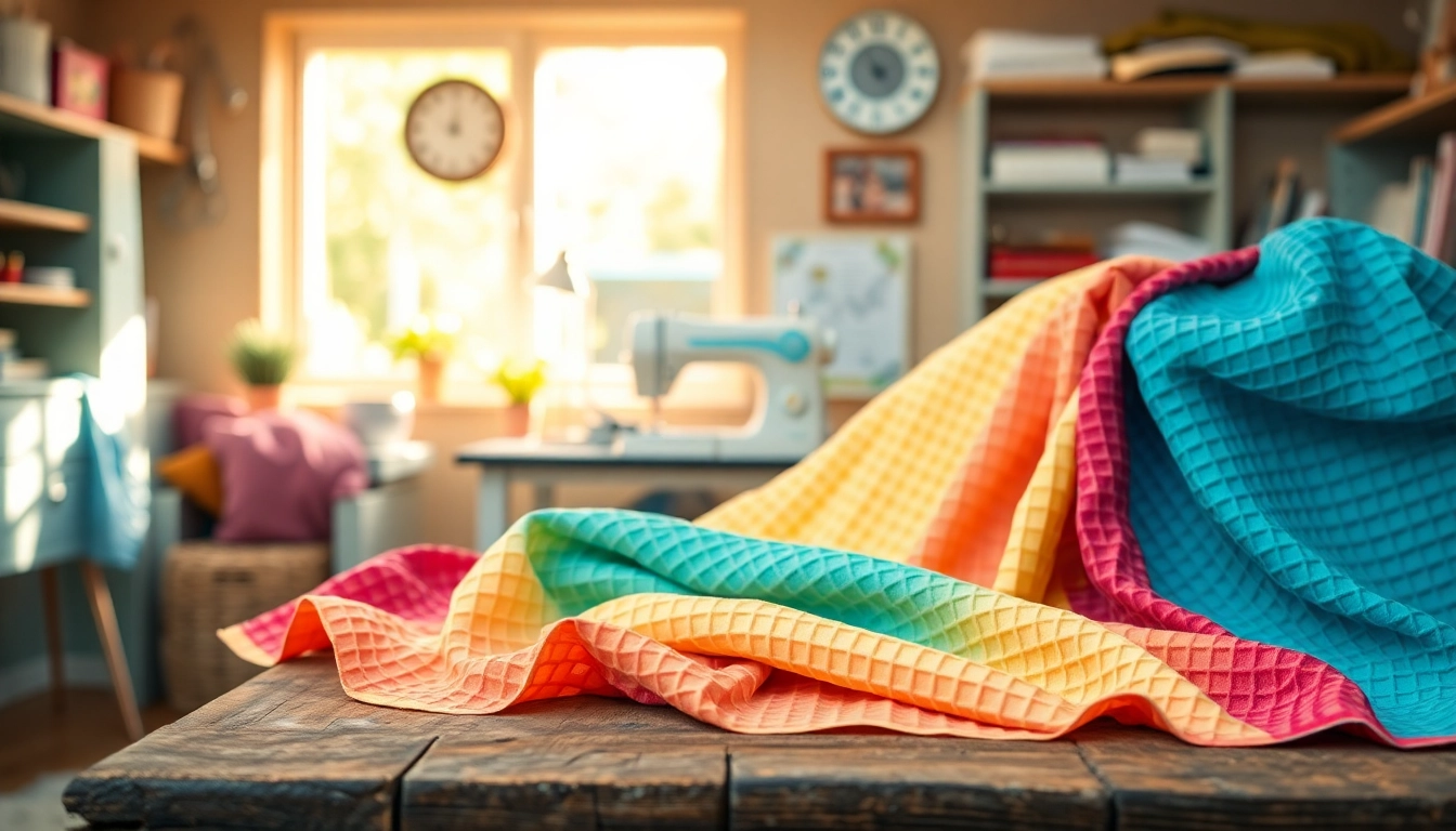 Verken wafel katoen met verschillende kleuren en texturen in een gezellige naaikamer.