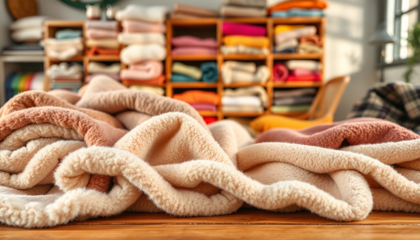 Fleece materiaal in warme, uitnodigende setting met kleurrijke en zachte texturen.