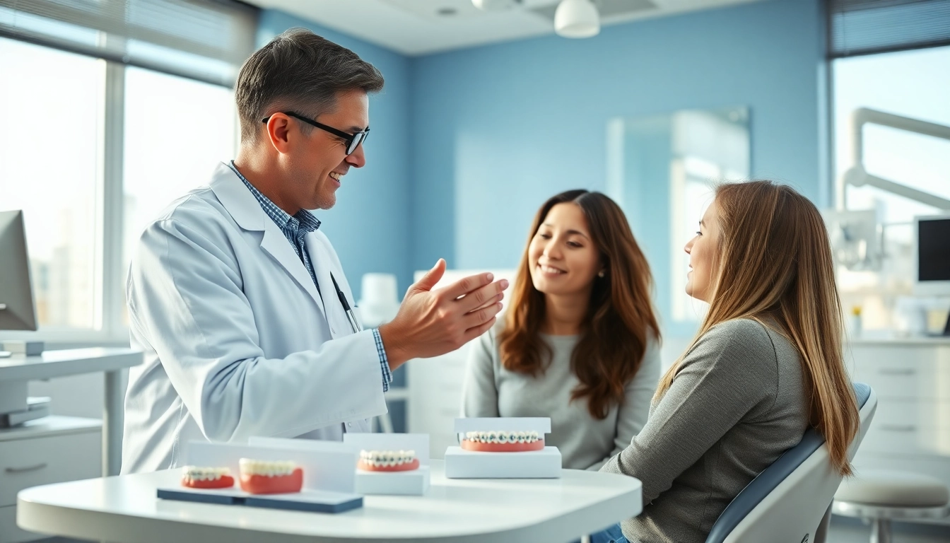 Discussing braces cost Myrtle Beach options with an orthodontist in a modern office.