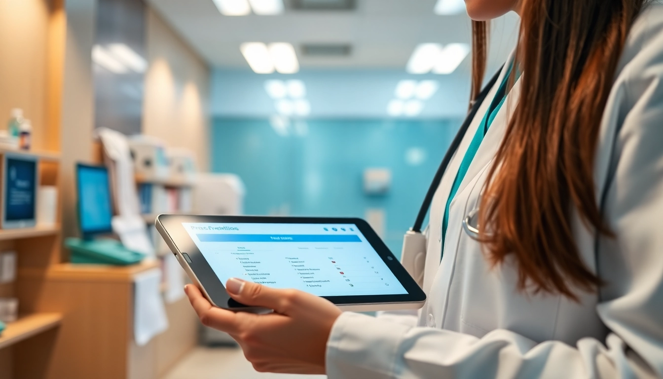 Healthcare provider utilizing apps for electronic prescriptions on a tablet in a bright clinic