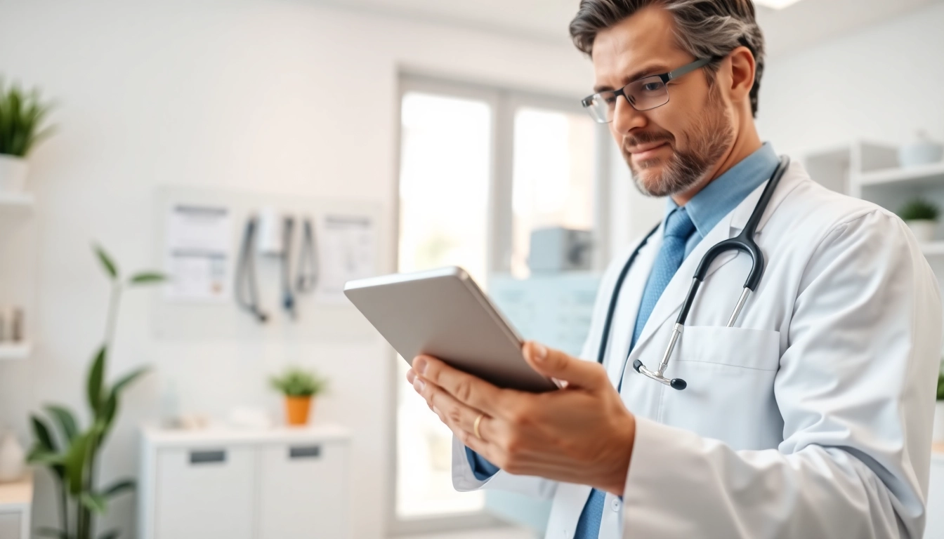 Healthcare provider navigating eprescribing software pricing on a tablet in a modern clinic.
